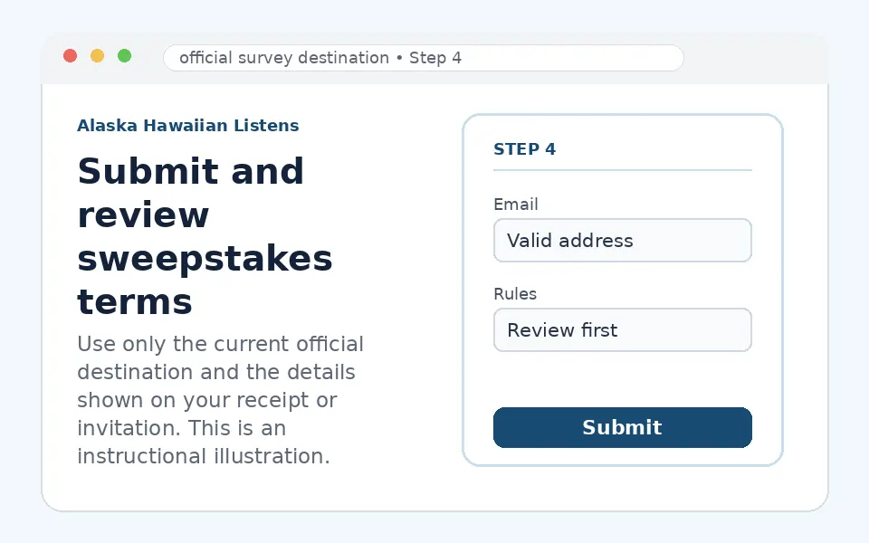 Submit and review sweepstakes terms instructional survey step illustration
