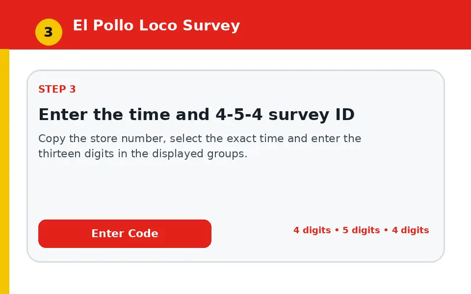 Enter the time and 4-5-4 survey ID instructional survey step illustration