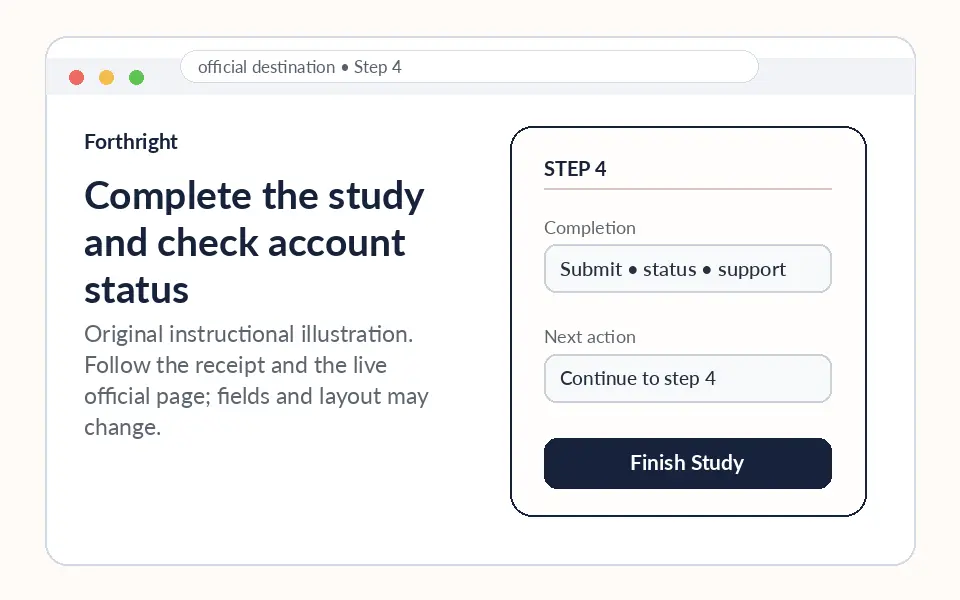 Complete the study and check account status instructional survey step illustration
