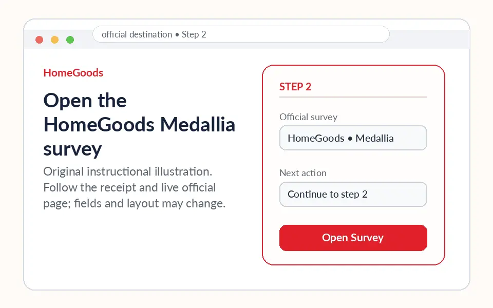 Open the HomeGoods Medallia survey instructional survey step illustration