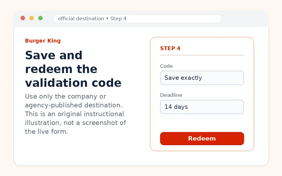 Save and redeem the validation code instructional survey step illustration