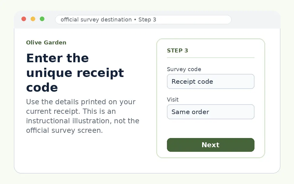 Enter the unique receipt code instructional survey step illustration