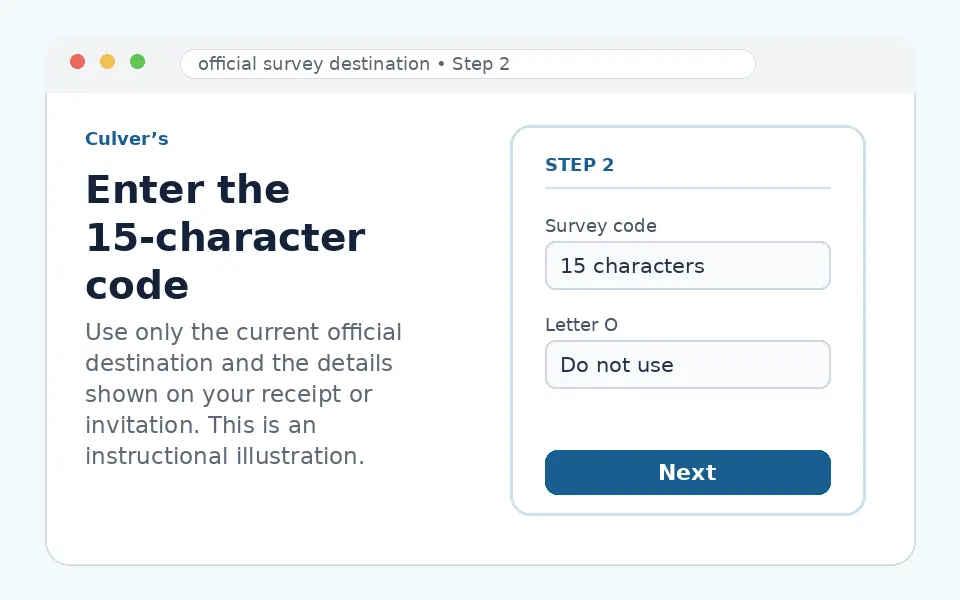 Enter the 15-character code instructional survey step illustration